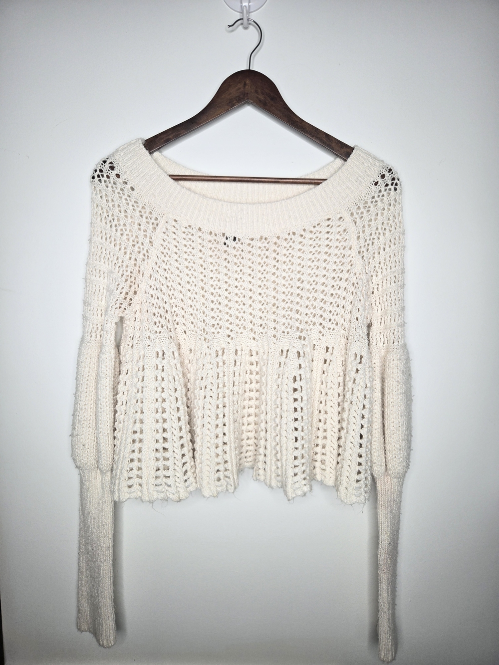 Anthropologie Cream Open Knit Peplum Sweater Scoop Neck Long Sleeve Small